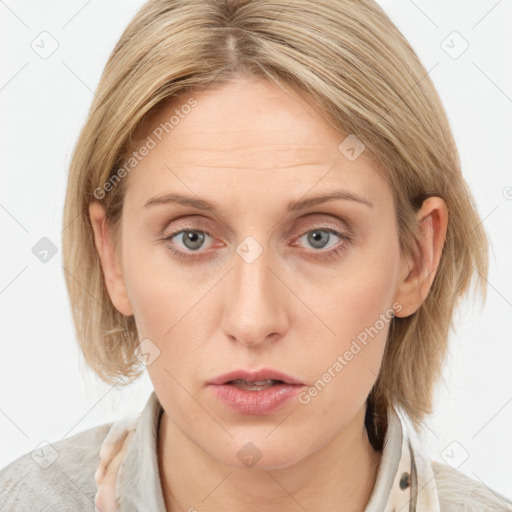 Neutral white young-adult female with medium  brown hair and blue eyes