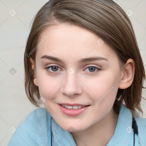 Joyful white young-adult female with medium  brown hair and blue eyes