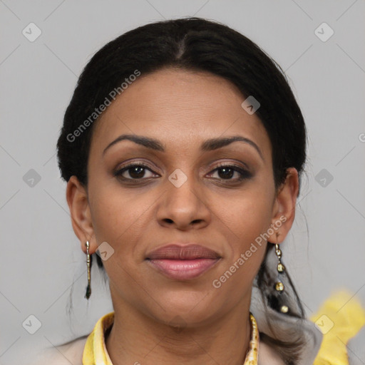 Joyful latino young-adult female with medium  brown hair and brown eyes