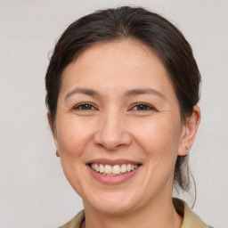 Joyful white adult female with medium  brown hair and brown eyes