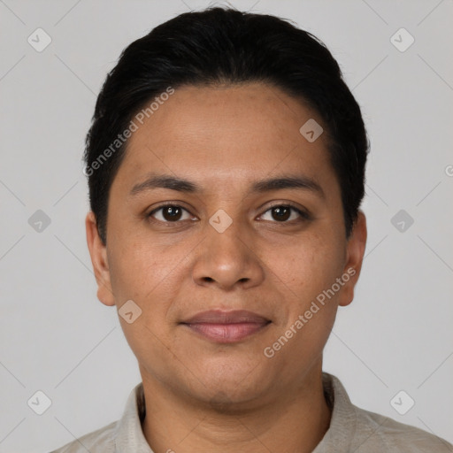 Joyful latino young-adult male with short  black hair and brown eyes