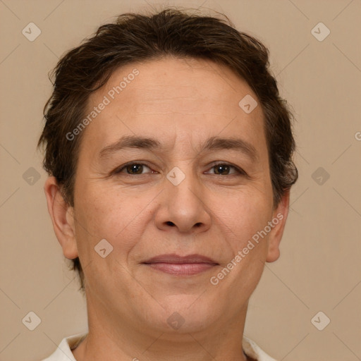 Joyful white adult female with short  brown hair and brown eyes