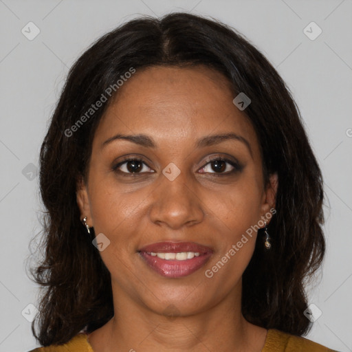 Joyful black young-adult female with medium  brown hair and brown eyes