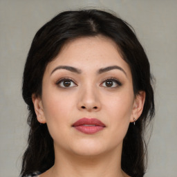 Neutral asian young-adult female with medium  brown hair and brown eyes