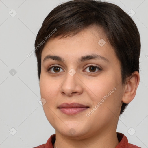 Joyful white young-adult female with short  brown hair and brown eyes