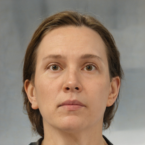 Neutral white adult female with medium  brown hair and brown eyes