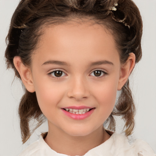 Joyful white child female with medium  brown hair and brown eyes