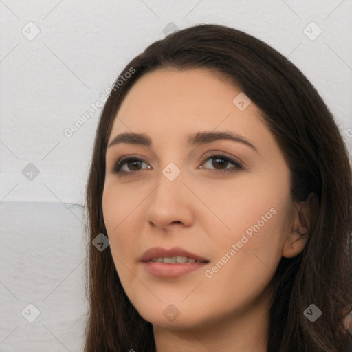 Neutral white young-adult female with long  brown hair and brown eyes