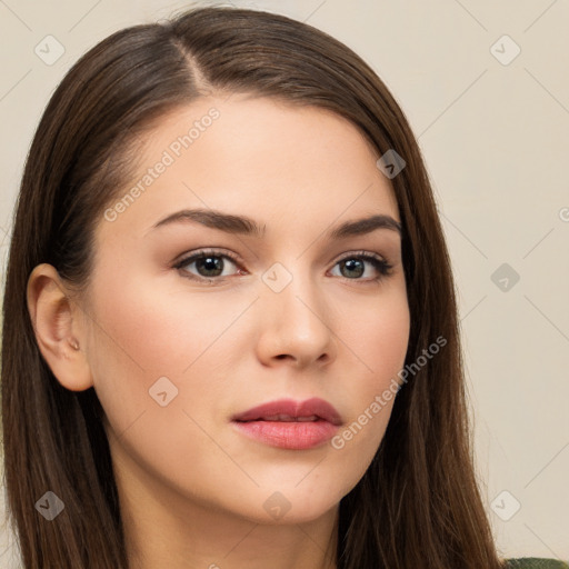 Neutral white young-adult female with long  brown hair and brown eyes