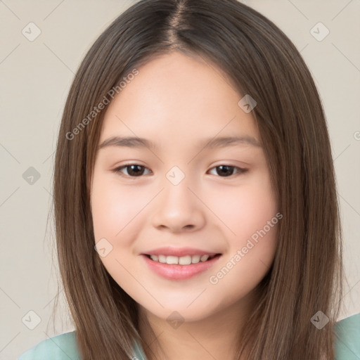 Joyful white child female with long  brown hair and brown eyes