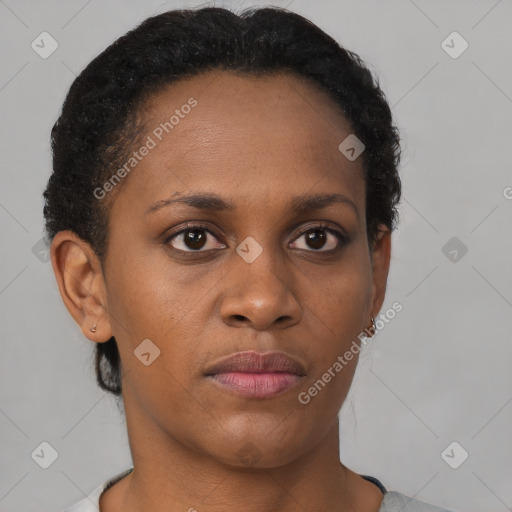 Neutral black young-adult female with short  brown hair and brown eyes