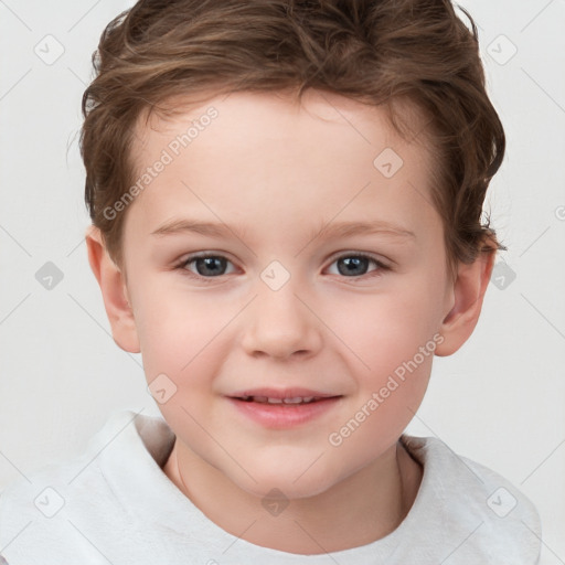 Joyful white child female with short  brown hair and brown eyes