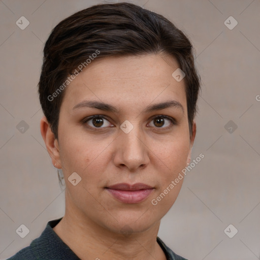 Joyful white young-adult female with short  brown hair and brown eyes