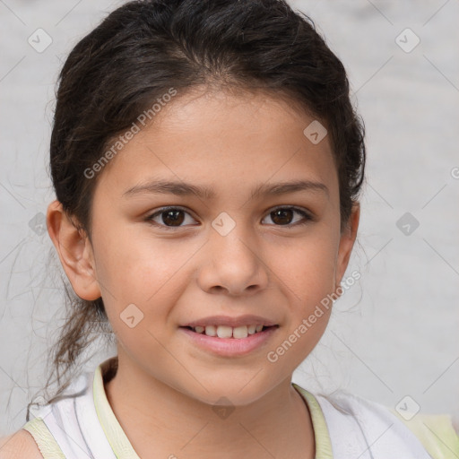 Joyful white child female with short  brown hair and brown eyes