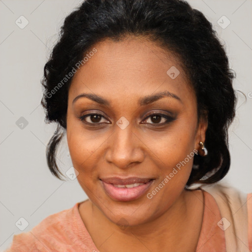 Joyful black young-adult female with medium  brown hair and brown eyes