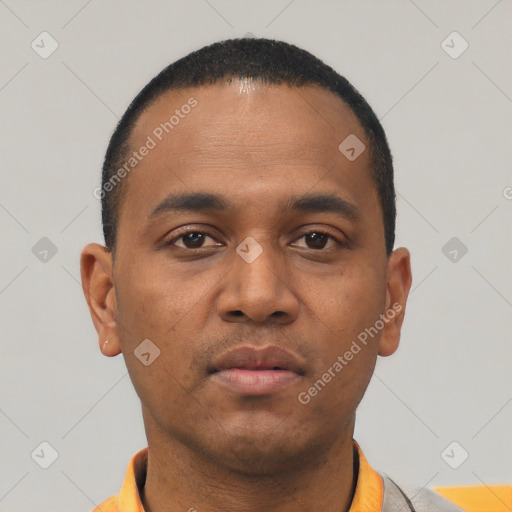 Neutral latino young-adult male with short  black hair and brown eyes