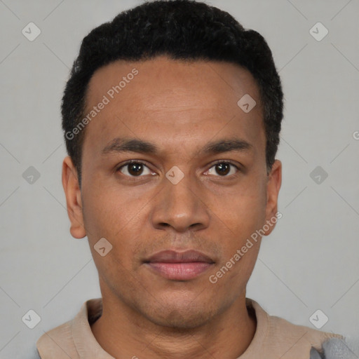 Neutral latino young-adult male with short  black hair and brown eyes