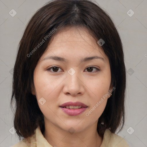 Joyful asian young-adult female with medium  brown hair and brown eyes