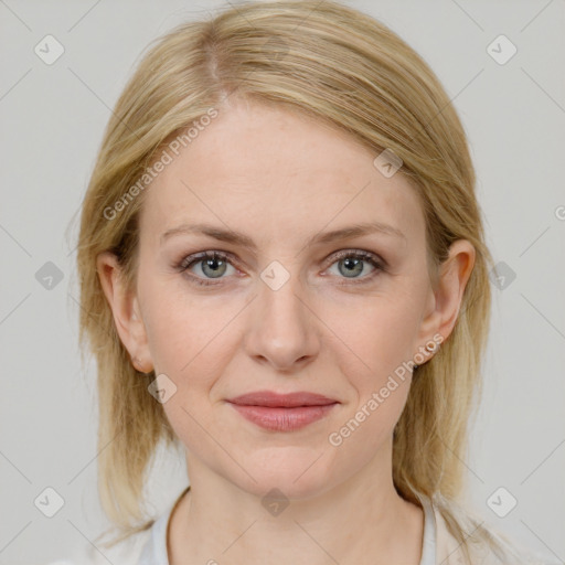 Joyful white young-adult female with medium  brown hair and blue eyes