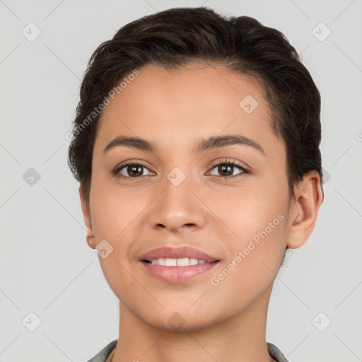 Joyful white young-adult female with short  brown hair and brown eyes