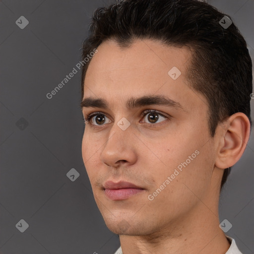 Neutral white young-adult male with short  brown hair and brown eyes