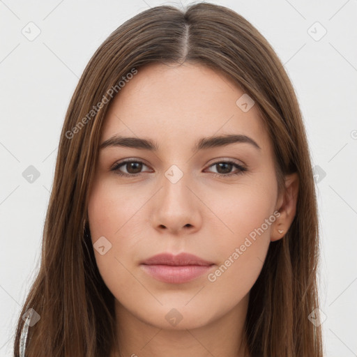 Neutral white young-adult female with long  brown hair and brown eyes