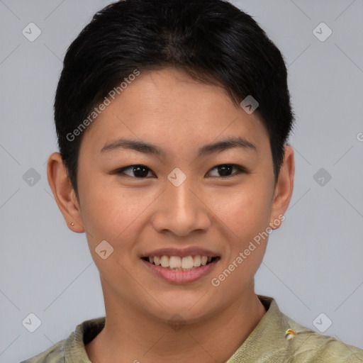 Joyful asian young-adult female with short  brown hair and brown eyes