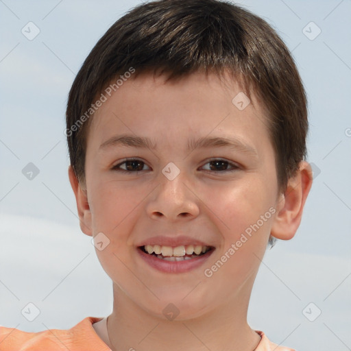 Joyful white child male with short  brown hair and brown eyes