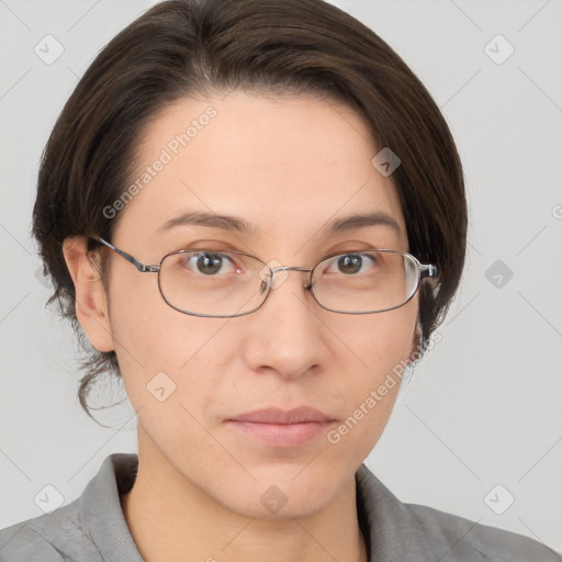 Neutral white young-adult female with medium  brown hair and brown eyes