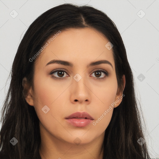 Neutral asian young-adult female with long  black hair and brown eyes