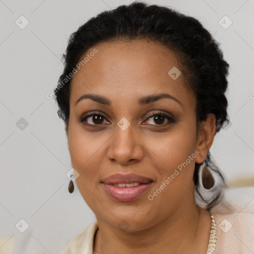 Joyful latino young-adult female with short  brown hair and brown eyes