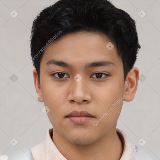 Neutral asian young-adult male with short  black hair and brown eyes