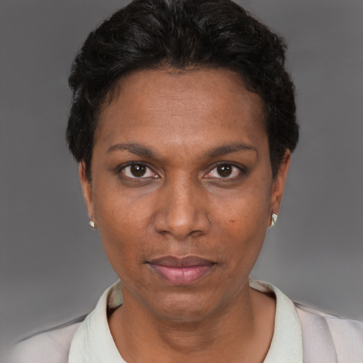 Neutral black adult female with short  black hair and brown eyes