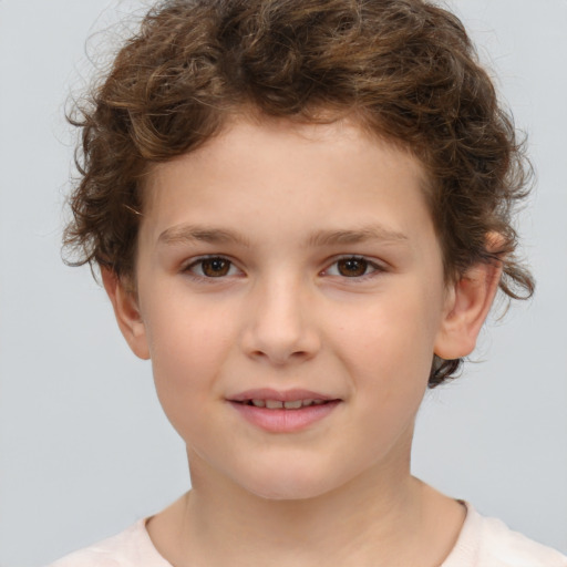 Joyful white child female with short  brown hair and brown eyes