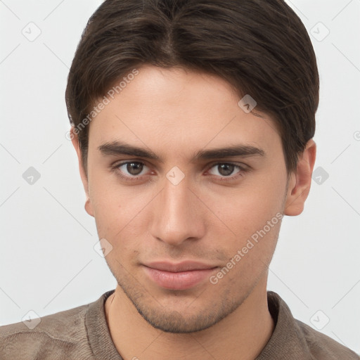 Neutral white young-adult male with short  brown hair and brown eyes