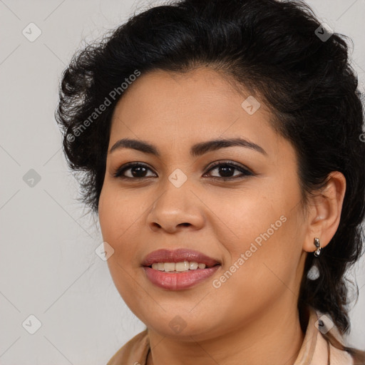 Joyful latino young-adult female with long  brown hair and brown eyes