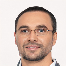 Neutral white adult male with short  black hair and brown eyes