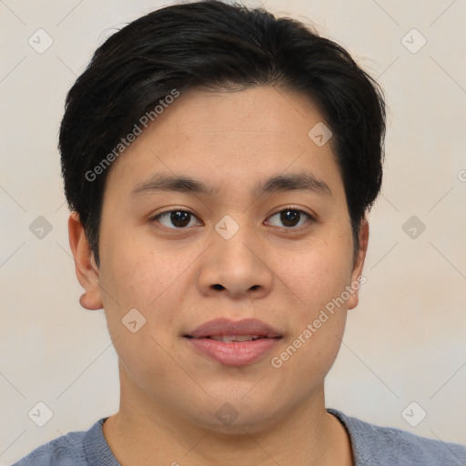 Joyful asian young-adult male with short  brown hair and brown eyes