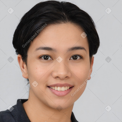 Joyful asian young-adult female with short  brown hair and brown eyes