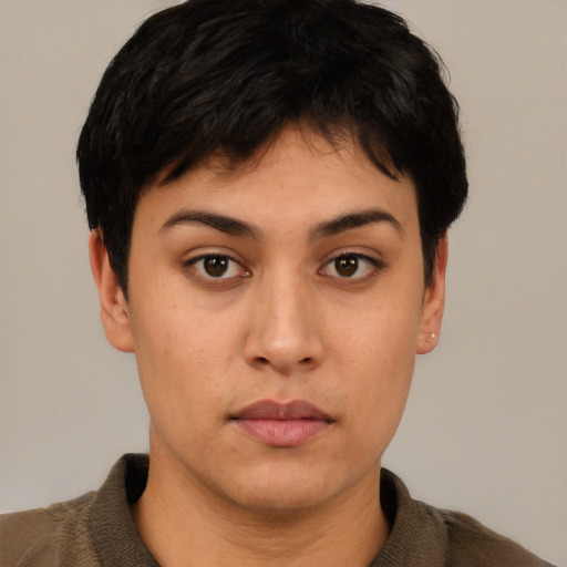 Neutral asian young-adult male with short  brown hair and brown eyes