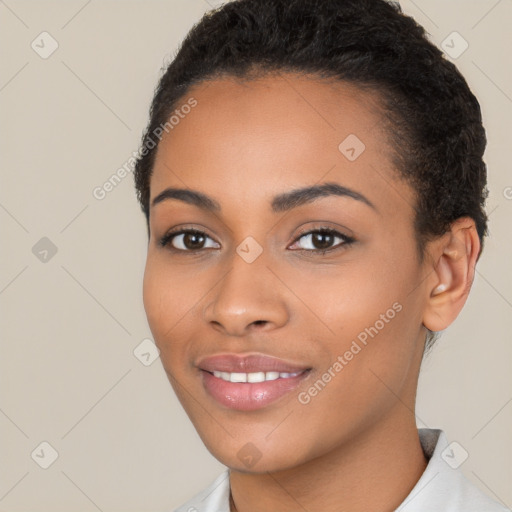 Joyful latino young-adult female with short  brown hair and brown eyes