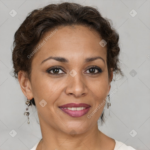 Joyful white adult female with short  brown hair and brown eyes