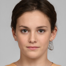 Neutral white young-adult female with short  brown hair and brown eyes