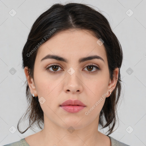 Neutral white young-adult female with medium  brown hair and brown eyes