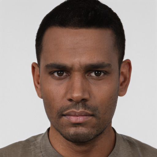 Neutral black young-adult male with short  black hair and brown eyes