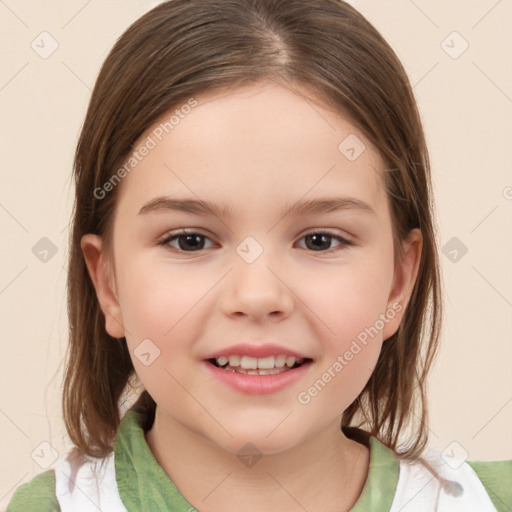 Joyful white child female with medium  brown hair and brown eyes