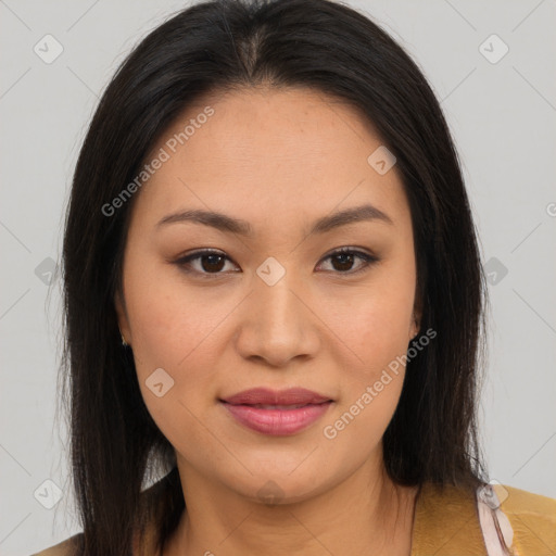 Joyful latino young-adult female with long  brown hair and brown eyes