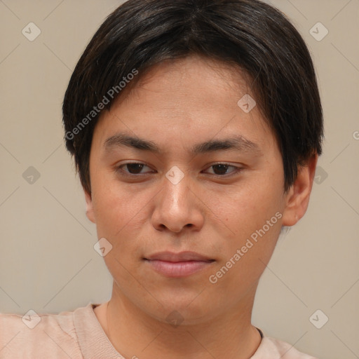 Joyful asian young-adult female with short  brown hair and brown eyes