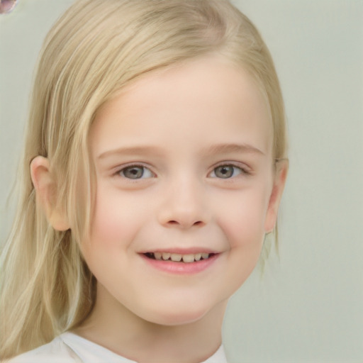 Joyful white child female with medium  blond hair and blue eyes