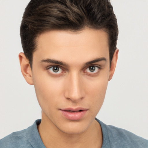 Neutral white young-adult male with short  brown hair and brown eyes